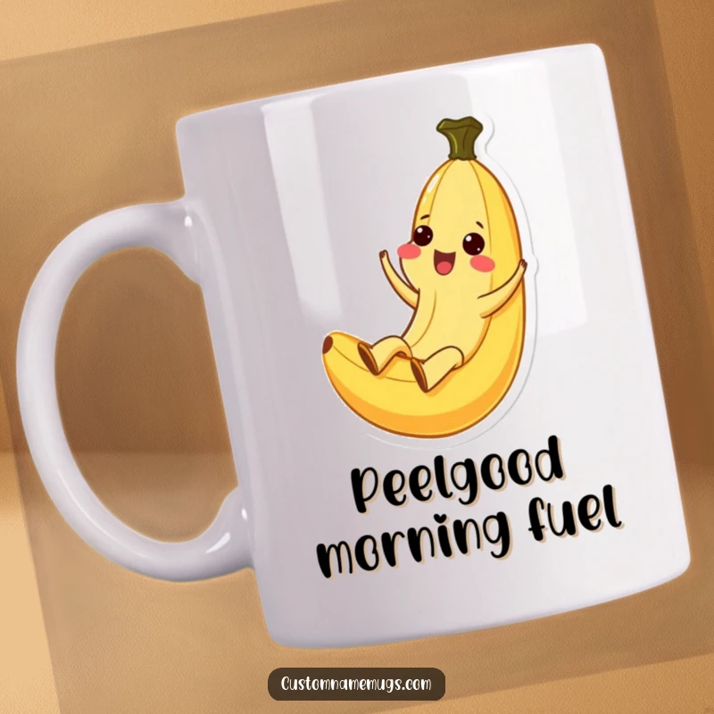 Funny Kawaii banana character gleefully sliding down its own peel with an ecstatic expression, perfect for coffee lovers.