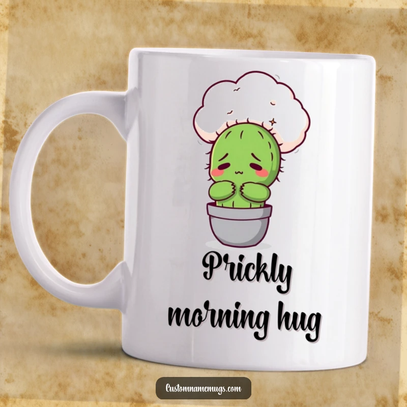 Funny Kawaii cactus character looking uncomfortable while attempting to hug a soft, fluffy cloud, a humorous mug for awkward moments.