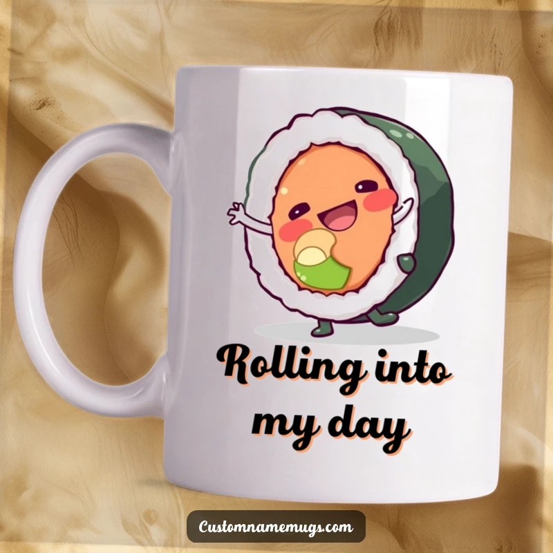 Funny mug showing a happy sushi roll character doing a cartwheel, nearly falling apart, a comical Japanese food delight.