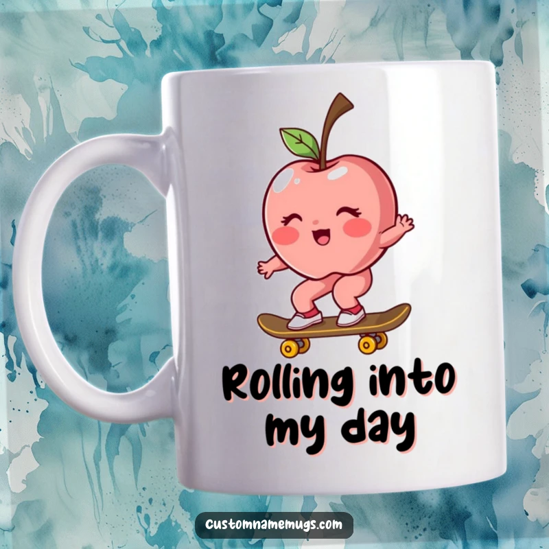 Funny mug showing a blushing, rosy apple character confidently riding a skateboard, a perfect humorous gift.