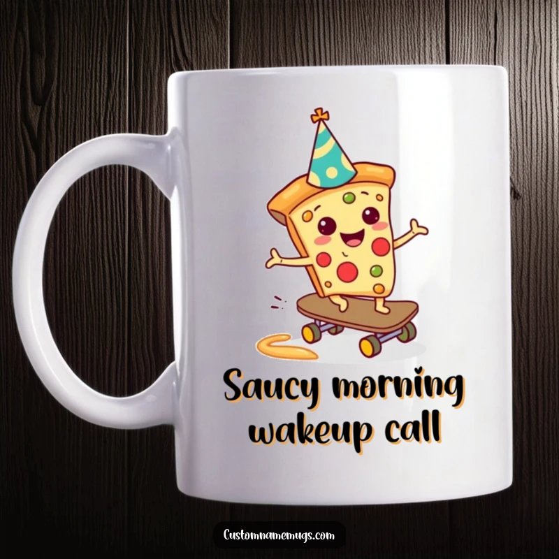 Funny Pizza Skateboarder Mug: A cheerful pizza slice in a party hat riding a skateboard down a sauce slide, a hilarious funny gift.