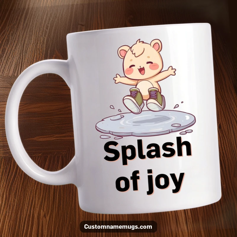 Funny coffee mug featuring a cute creature with comically oversized shoes, joyfully splashing and hopping in a large puddle, symbolizing carefree fun.