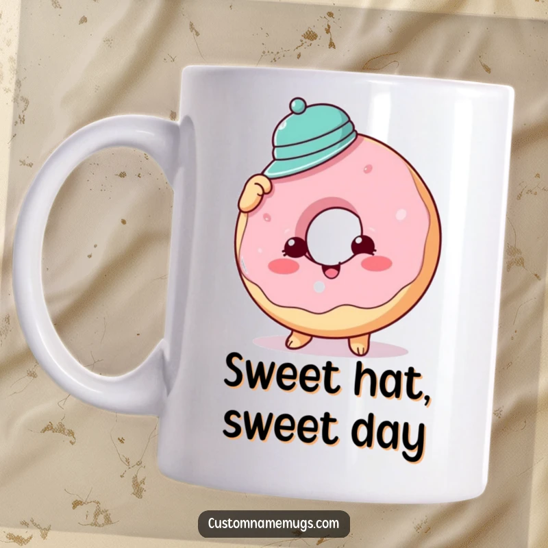 Funny donut mug showing a cheerful donut character comically trying to balance a comically small hat on its glazed top.