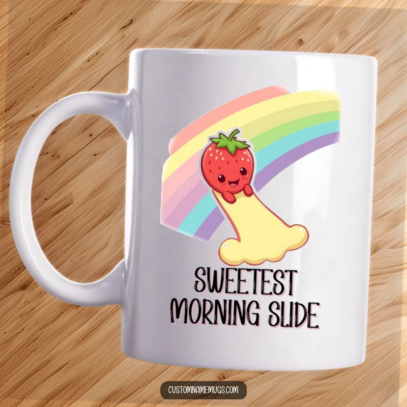 Funny mug with a smiling strawberry character dramatically sliding down a rainbow, embodying cheerful, magical fun.