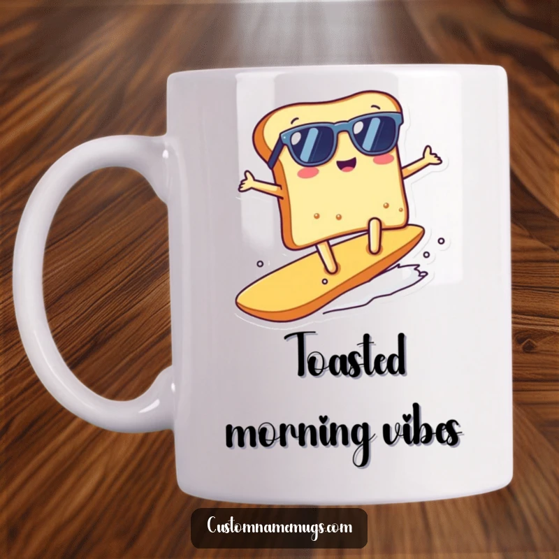Funny kawaii toast character wearing sunglasses, surfing a giant crumb on a mug, a cool funny gift.