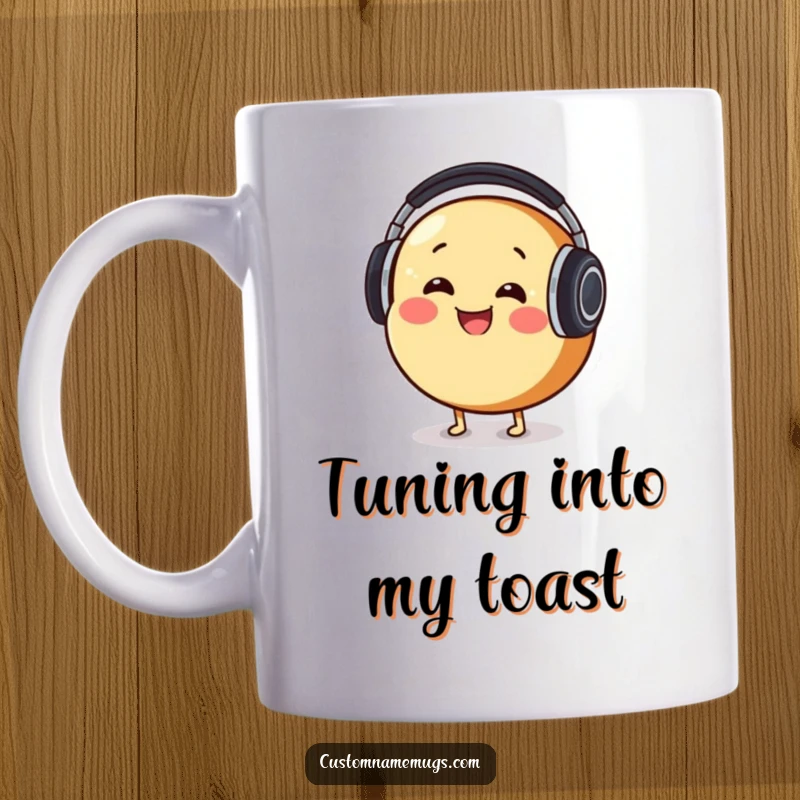 Funny Mug: Round, smiling bread character comically wearing giant headphones, bobbing its head to music, looking cheerful.