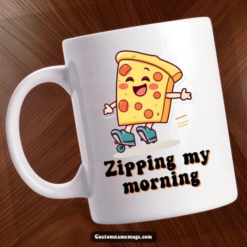 Funny pizza roller skater mug, a laughing pizza slice wearing roller skates zooms around, symbolizing fun and speed.