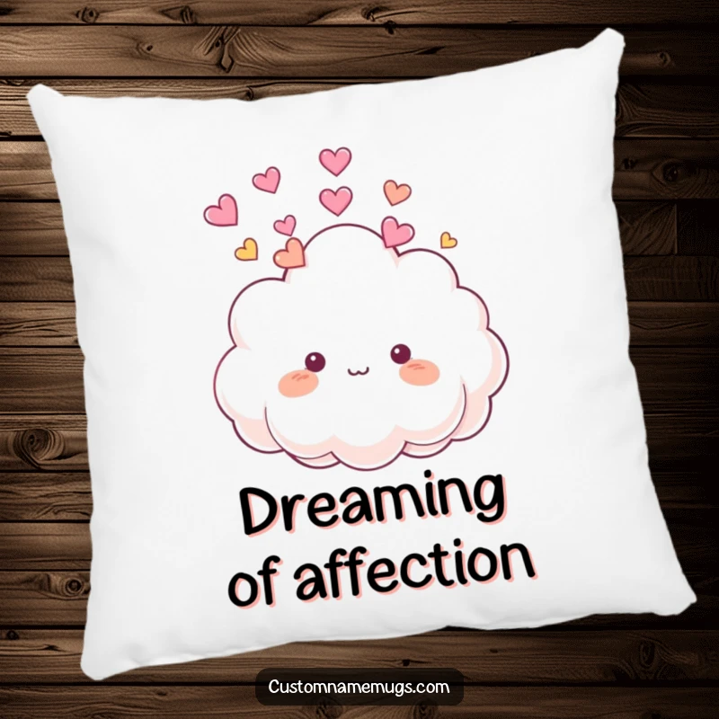 Funny Pillow: Cute, fluffy cloud character playfully raining small, colorful hearts onto its own head, adding charm.