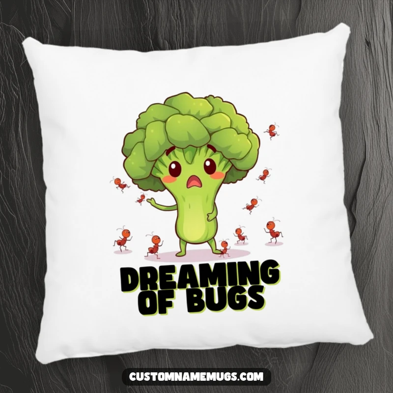 Funny pillow featuring a surprised broccoli character juggling tiny dancing ants, offering soft and humorous comfort.