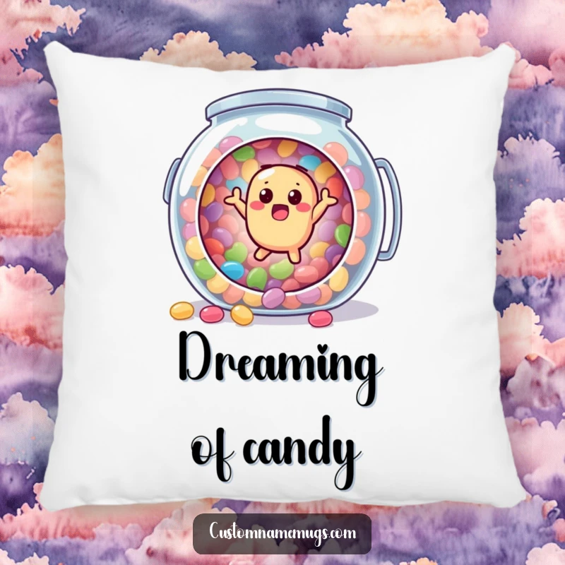 Funny pillow depicting a surprised jellybean character comically bouncing out of a giant candy jar, providing soft comfort and a humorous touch.