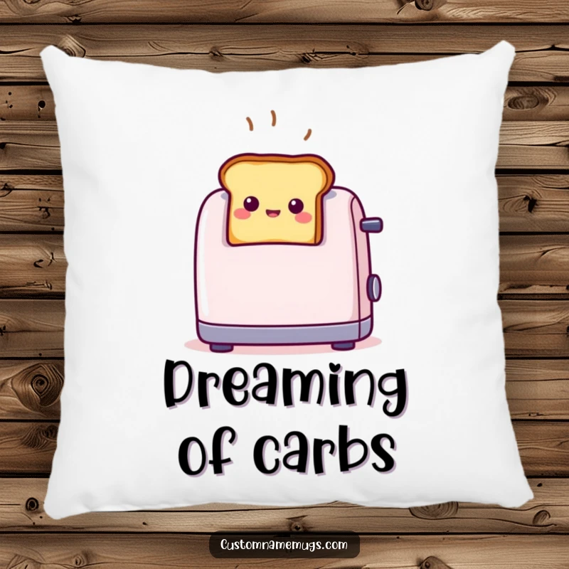 Soft, decorative funny toast pillow featuring a tiny smiling toast popping out of a toaster with surprise, adding whimsical charm.