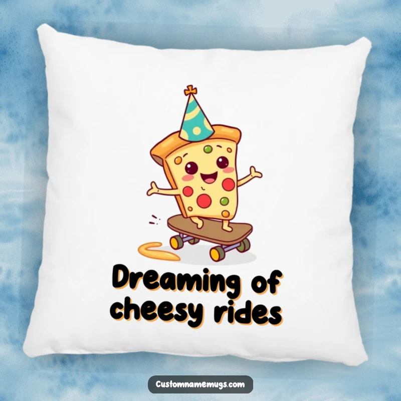 Funny Pizza Skateboarder Pillow: A happy pizza slice skateboarding down a sauce slide, offering soft humor and a fun funny gift.