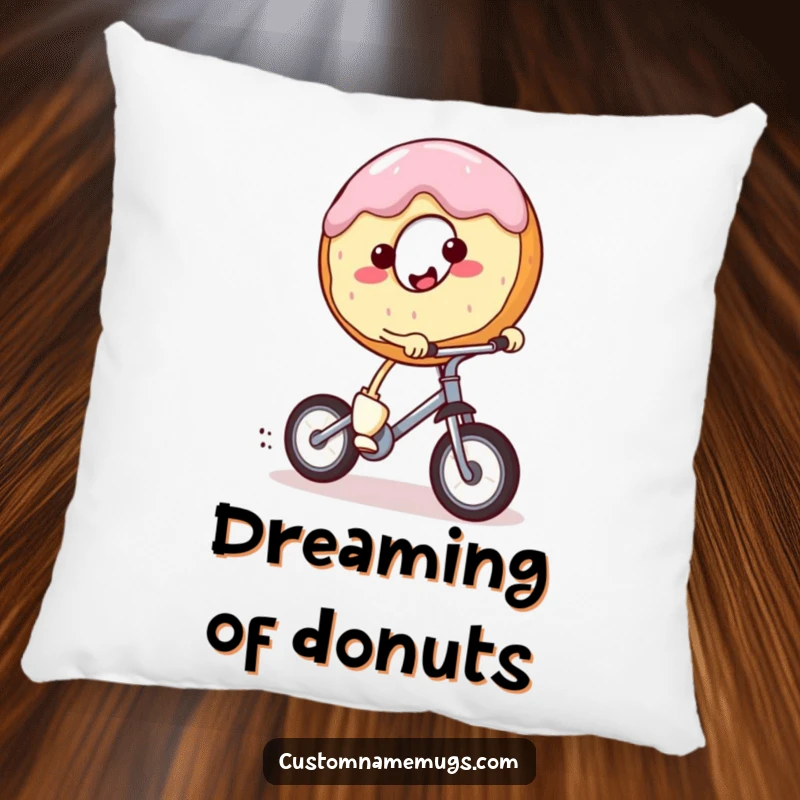 Funny pillow with a smiling, round donut character with tiny legs riding a miniature unicycle with enthusiasm. Soft and humorous decor.