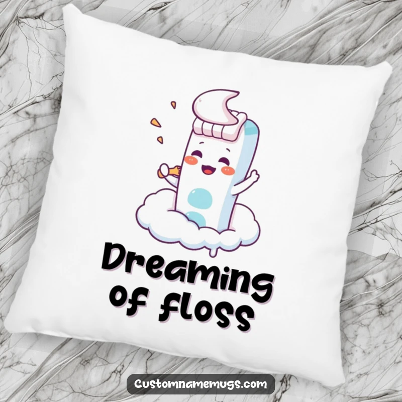 Funny Kawaii toothbrush character trying to brush a cloud, a soft and humorous decorative pillow.
