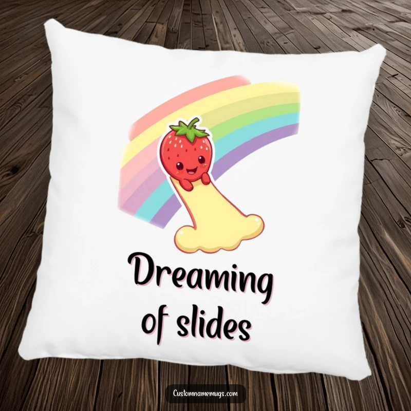 Funny pillow featuring a smiling strawberry character dramatically sliding down a rainbow, adding whimsical comfort to any space.