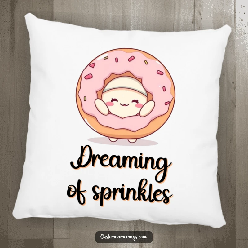 Funny decorative pillow featuring a happy blob character comically wearing a giant donut as a hat, adding comfort and charm to any couch.