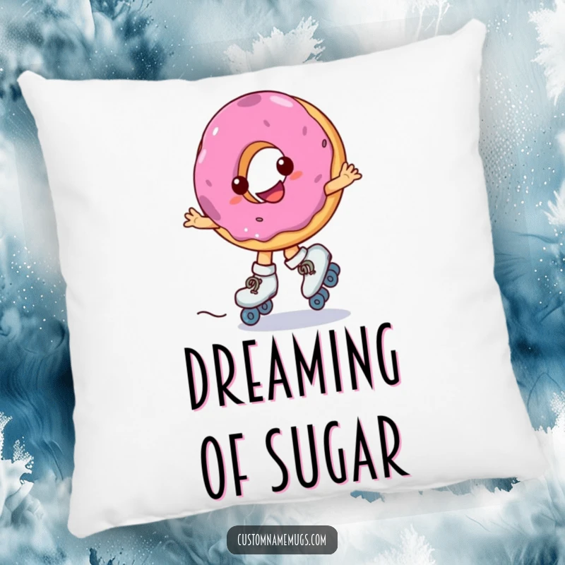 Funny pillow depicting a smiling donut wearing roller skates, spinning erratically, a humorous and cozy accent.