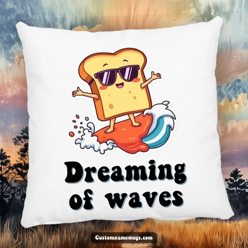 Funny pillow featuring a toast character in sunglasses surfing a giant jam wave, providing comfortable and humorous decor.