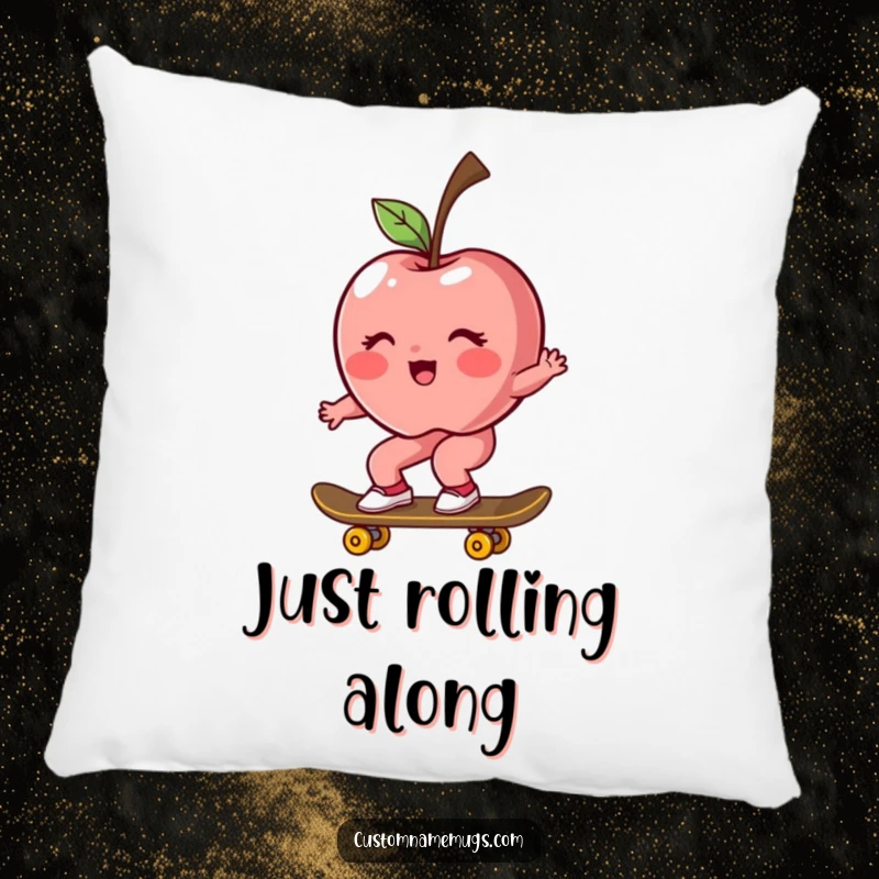 Funny pillow featuring a blushing, rosy apple character riding a skateboard, offering soft and humorous comfort.