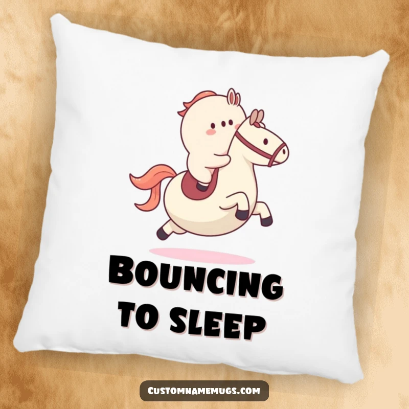 Funny decorative pillow featuring a blob character attempting to ride a bouncy ball like a horse, adding whimsical comfort.