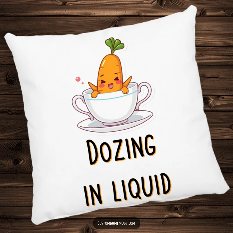 Funny pillow depicting a cheerful carrot character comically swimming in a teacup, providing soft comfort and a humorous visual.