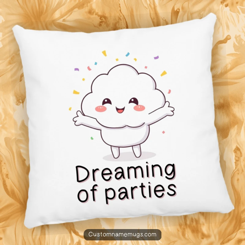 Funny pillow showcasing a smiling cloud character with arms outstretched, being showered by colorful confetti, bringing cheerful vibes to any room.