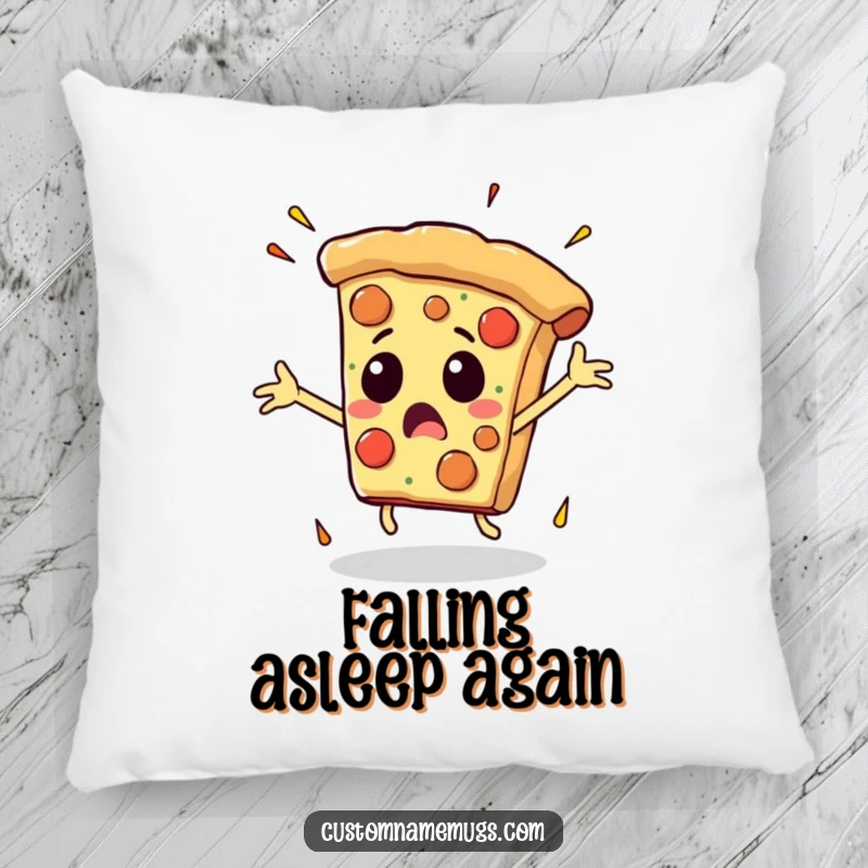 Funny pillow with a pizza slice comically flailing its arms as it falls, providing amusing comfort and decor.