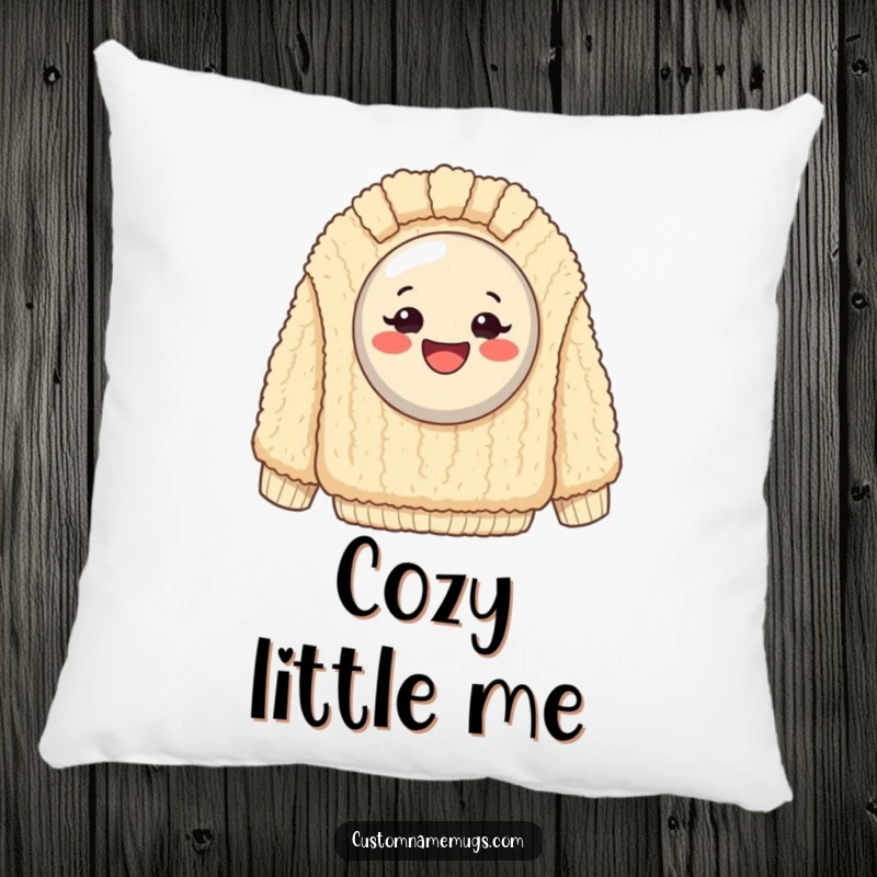 Funny Pillow: Exaggeratedly happy button stuck on a giant, fuzzy sweater, a soft and humorous decorative touch.