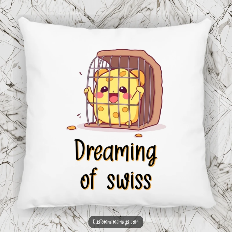 Funny Kawaii cheese character joyfully breaking out of a small cage, a soft and humorous pillow for comfort and laughs.