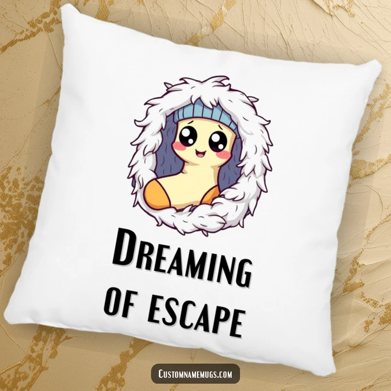 Funny Kawaii sock character with googly eyes trapped by a fluffy dryer lint monster, a soft and humorous pillow for relaxation.