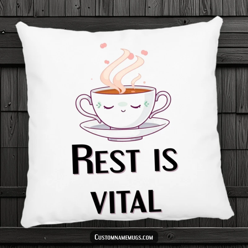 Funny Napping Teacup Pillow: Soft throw pillow with a delightful illustration of a napping teacup surrounded by gentle steam, a funny accent piece.