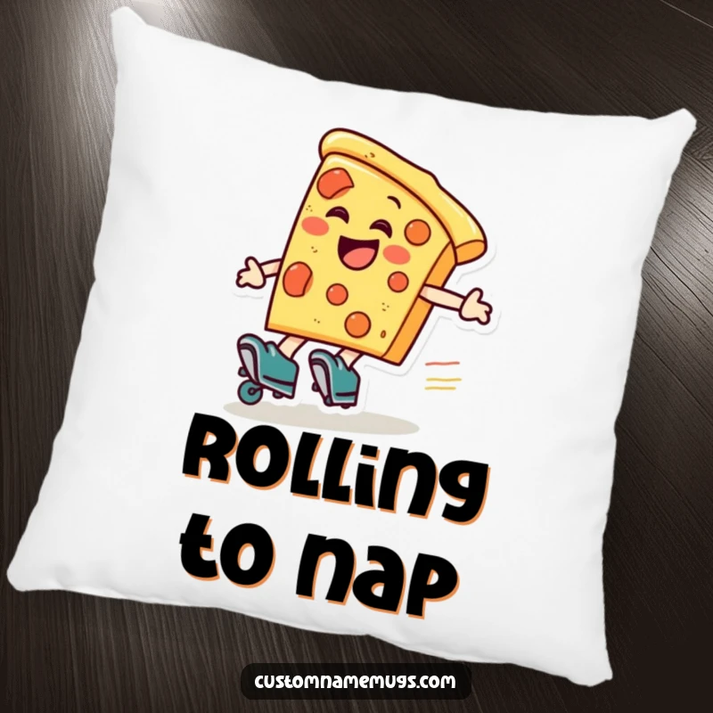 Funny pizza roller skater pillow, a laughing pizza slice wearing roller skates zooms around, a soft and fun accent.