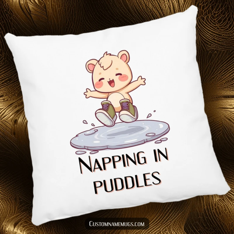 Funny decorative pillow featuring a creature with oversized shoes joyfully splashing in a puddle, adding whimsical comfort.