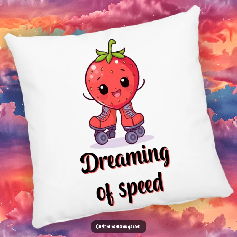 Funny pillow showing a cheerful strawberry character in oversized roller skates, wobbling comically, for cozy enjoyment.