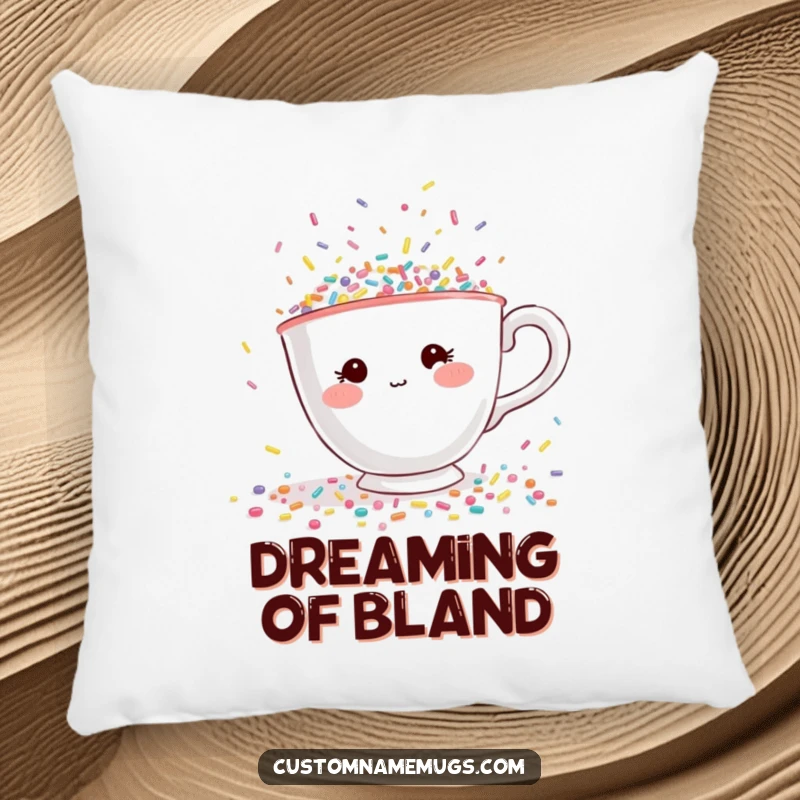 Funny pillow featuring a shy teacup character with rosy cheeks, desperately trying to escape a flood of tiny, colorful sprinkles.