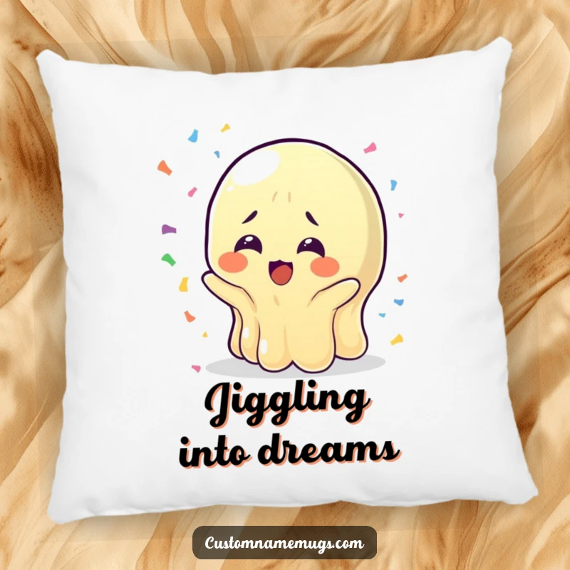 Funny Wobbly Jelly Pillow: A jelly character with bewildered joy catching confetti, offering soft comfort and a fun funny gift.