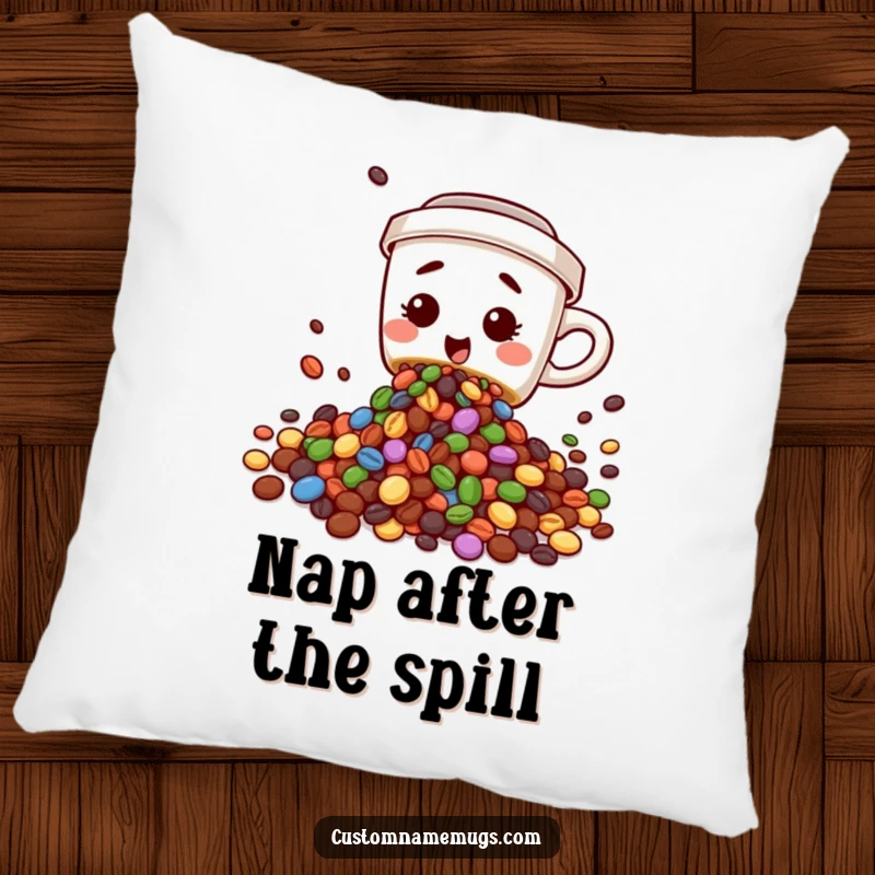 Funny pillow featuring a cute, clumsy coffee cup character spilling colorful beans, adding a soft and humorous touch to any room.