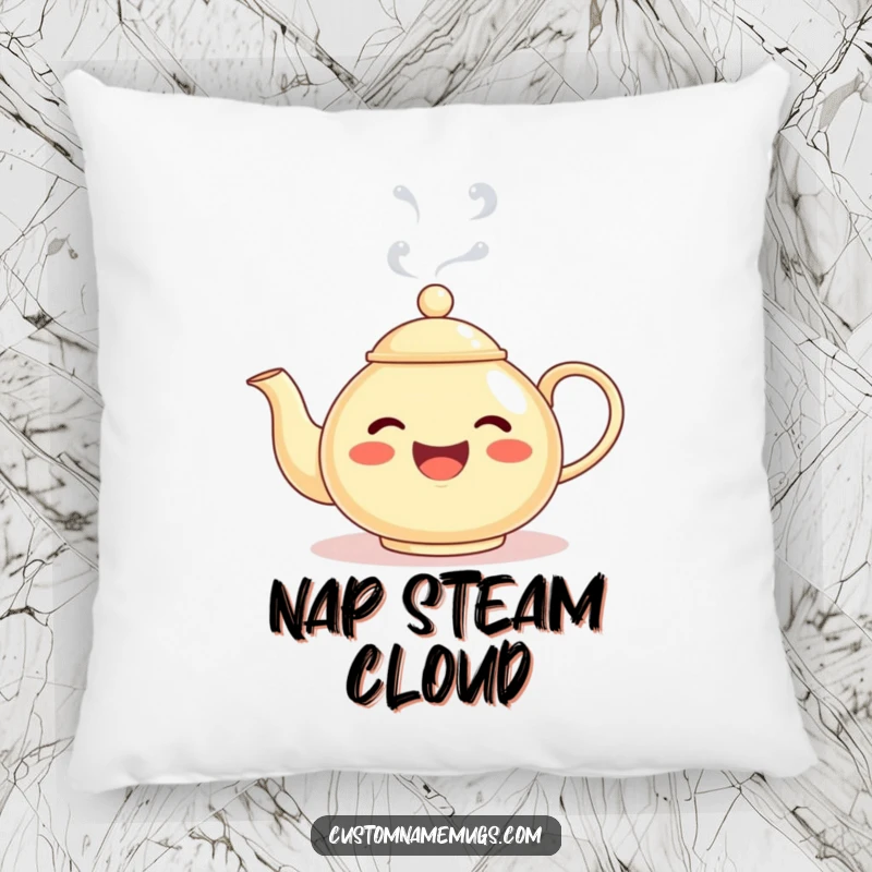 Funny pillow featuring a delighted teapot character, steam forming a silly face, offering plush comfort and a humorous decorative touch.