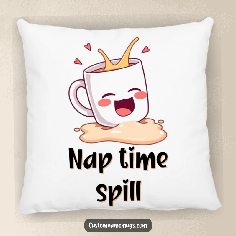 Funny Kawaii coffee mug character spilling while laughing hysterically, a soft and humorous pillow for relaxation and laughs.