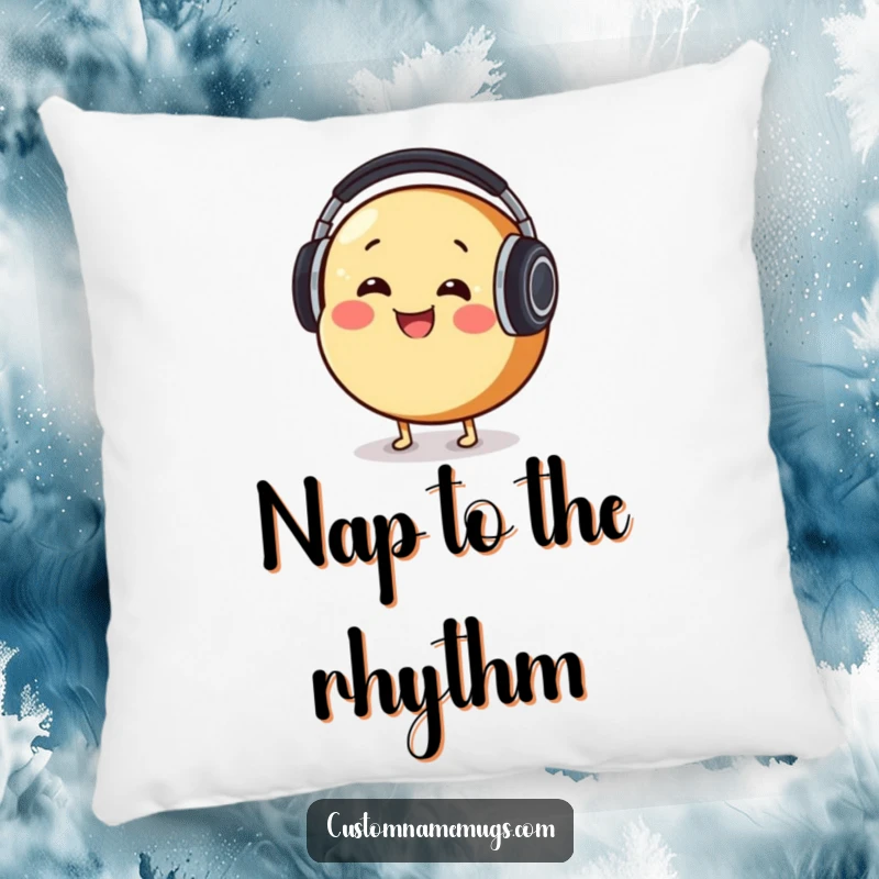 Funny Pillow: Smiling round bread character comically wearing oversized headphones, bobbing its head peacefully.