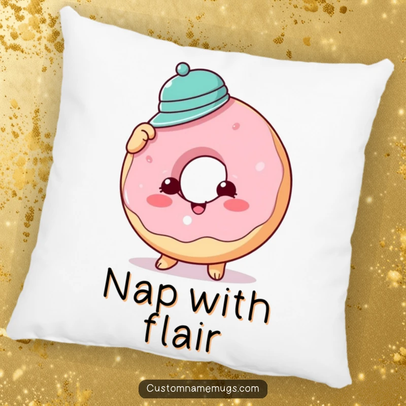 Funny donut hat pillow showing a cheerful donut character comically trying to wear a tiny hat, bringing delightful sugary humor to any room.