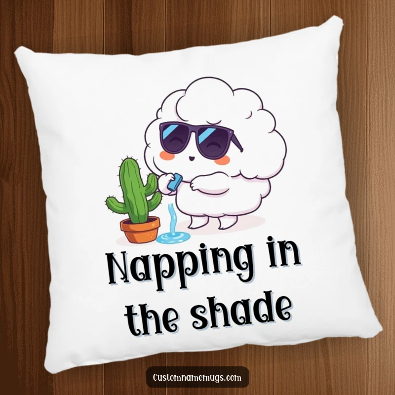 Funny Pillow: A cloud character in sunglasses attempts to water a tiny, sad cactus, for humorous decor.