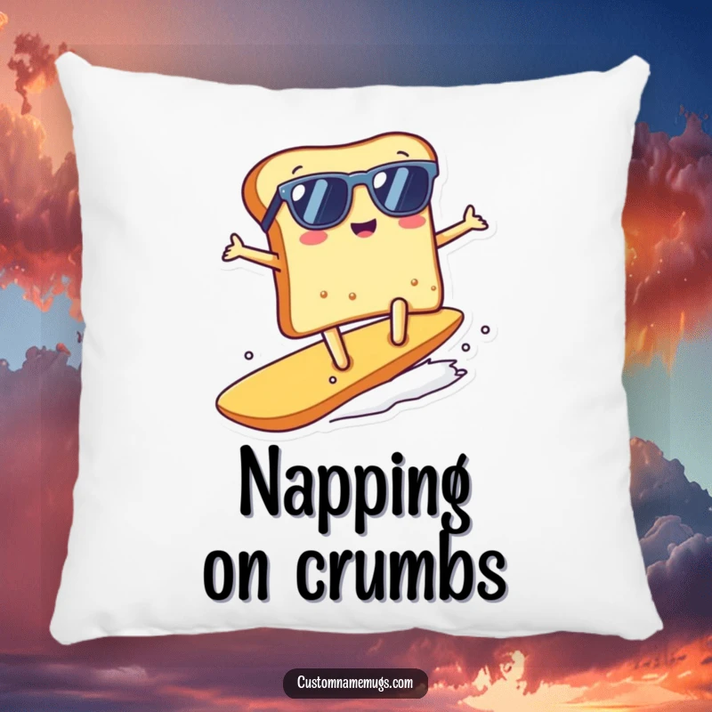 Funny kawaii toast character surfing a crumb on a soft pillow, a cute funny gift.