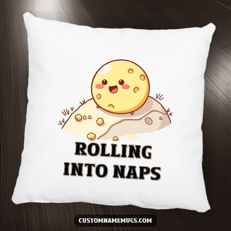 Funny pillow featuring a happy, round cheese character rolling downhill and losing pieces. Perfect for cozy, cheesy humor.