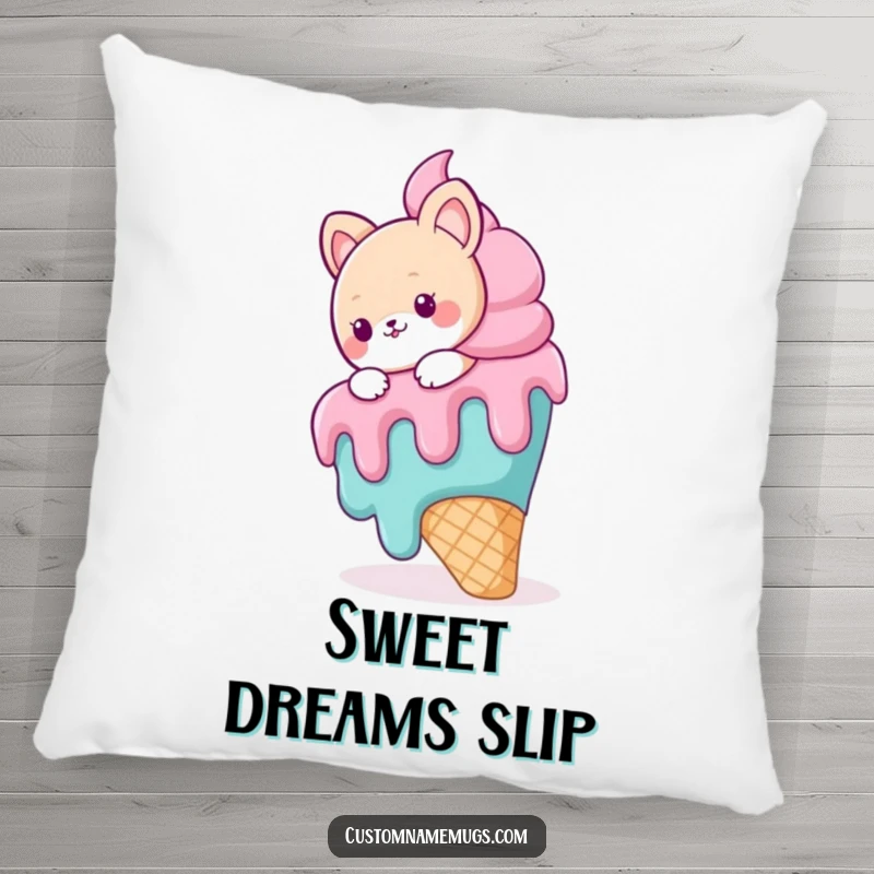 Funny decorative pillow featuring a cute animal character slipping on a giant, melting ice cream cone, adding whimsical comfort.