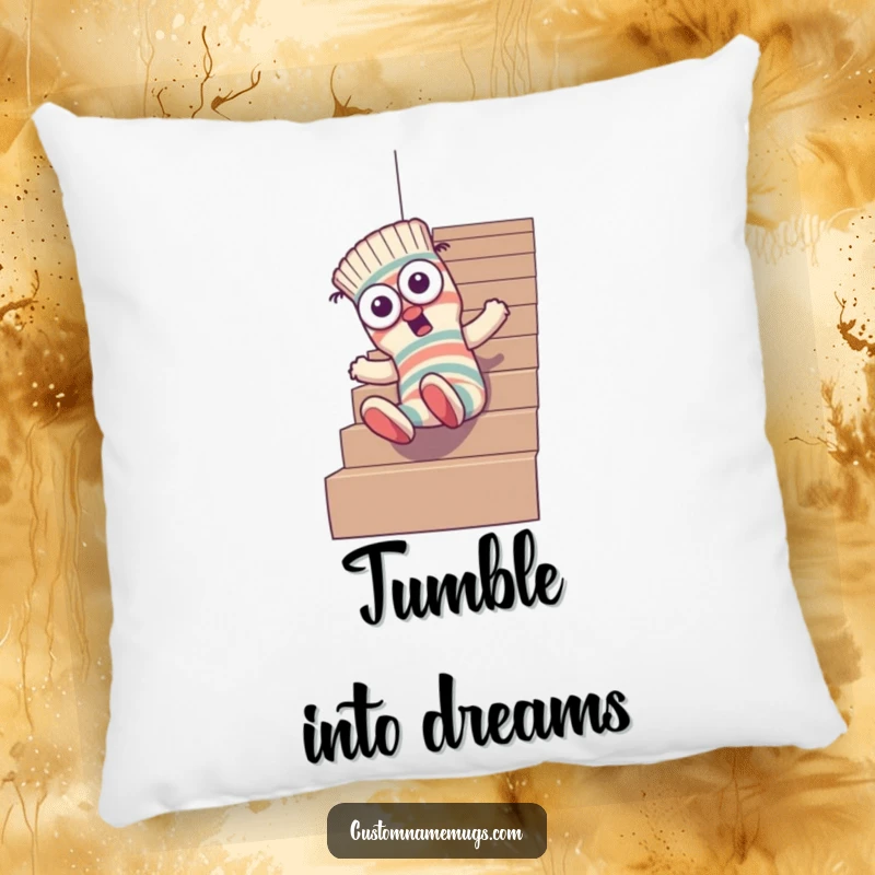 Funny pillow featuring a goofy sock character with mismatched eyes mid-tumble down stairs, adding humorous charm to any living space.