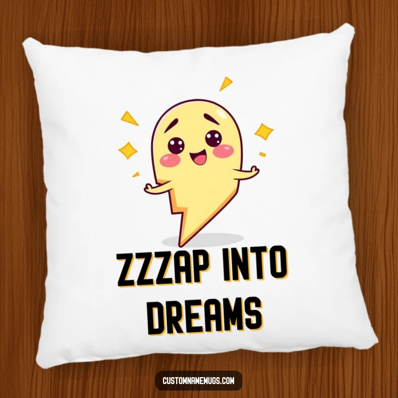 Funny pillow featuring a smiling, clumsy lightning bolt character comically zapping himself, offering soft and humorous comfort.