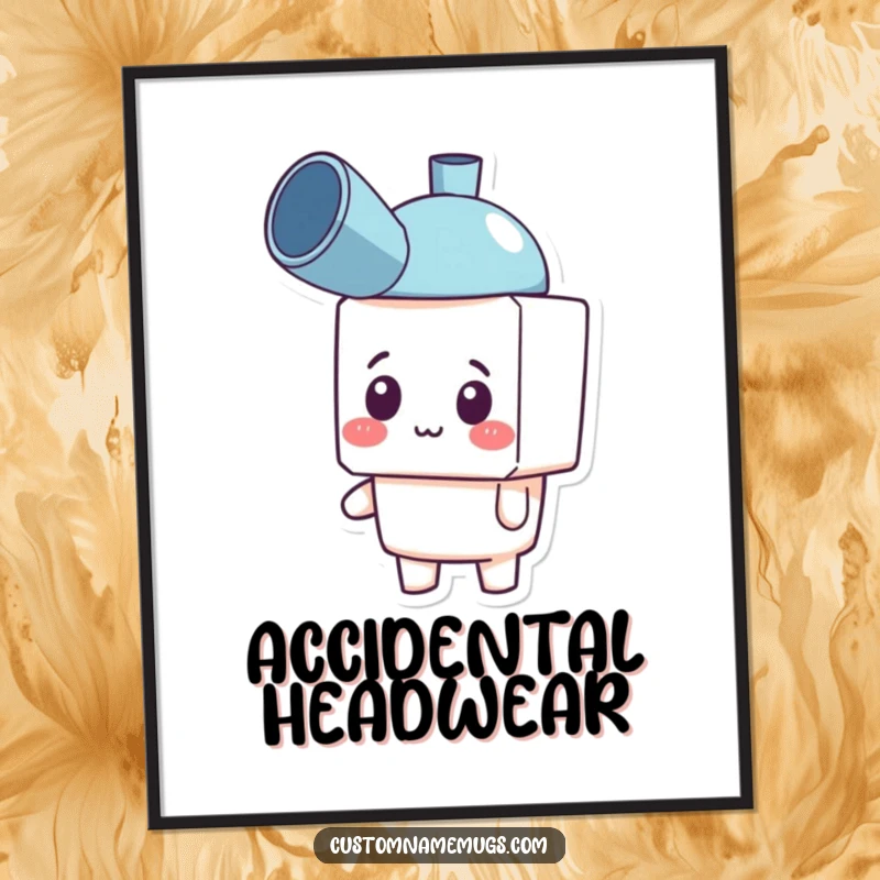 Funny digital art print of a cheerful blocky character comically wearing a plunger as a hat, bringing instant humor to walls.