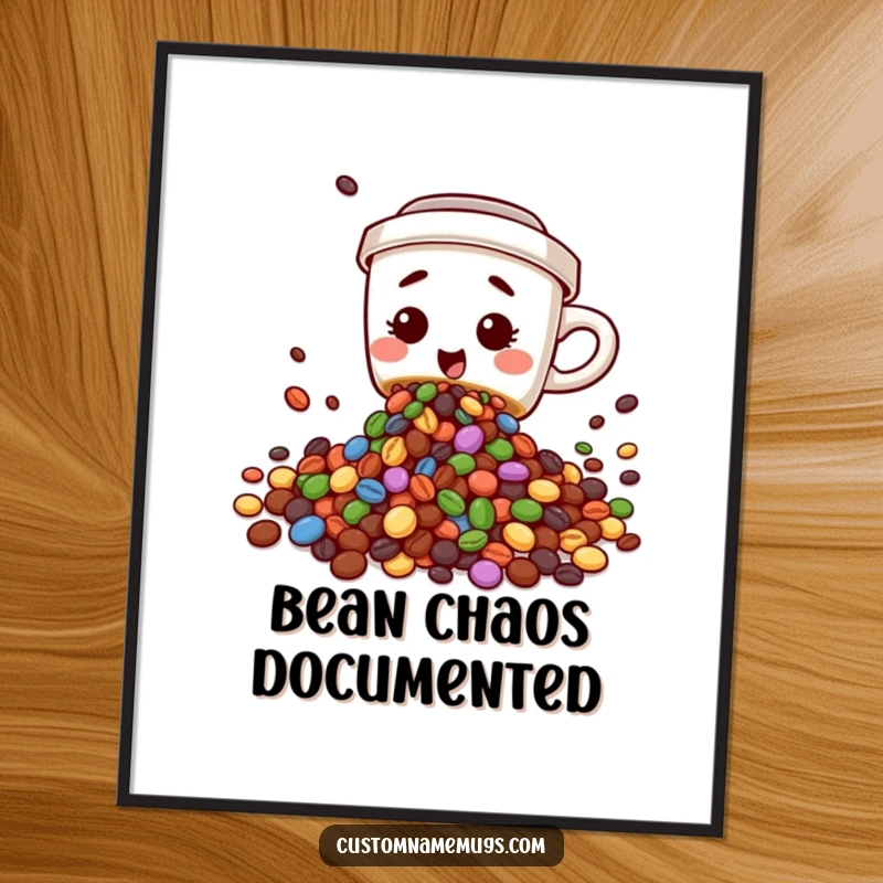 Funny digital art print of a cute, clumsy coffee cup character spilling colorful beans, perfect for immediate humorous wall decoration.