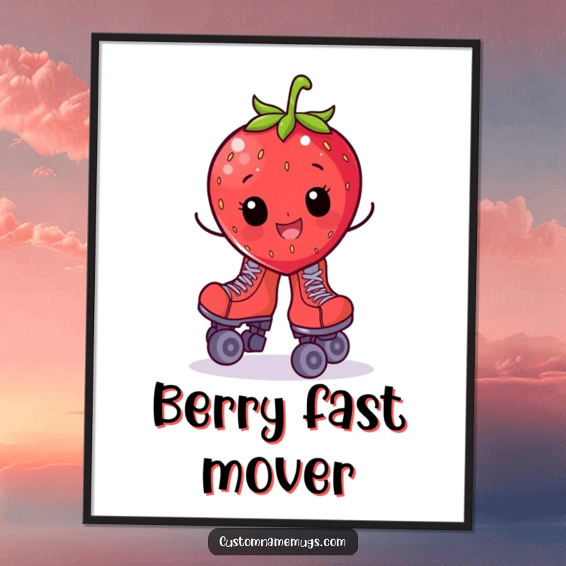 Funny digital art print of a cheerful strawberry character on oversized roller skates, wobbling, instant wall décor.